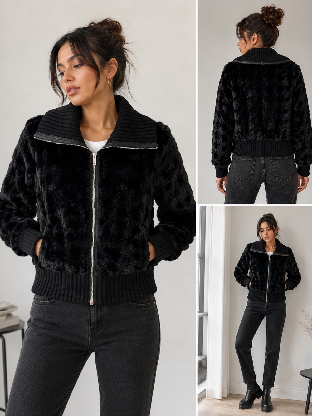 Yoki New York Faux Fur Jacket Black Knit Leather Trim Cropped Moto Y2K M